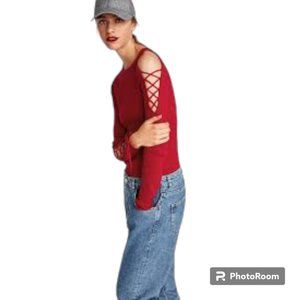 Zara Women's Red Knit Long Sleeve Ribbed Lace Up Accent Sweater Size Large